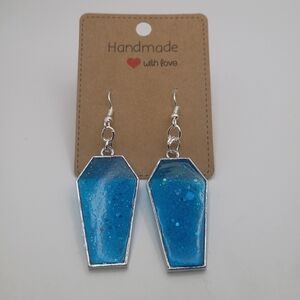 Women's Handmade Blue Glitter Bezel Coffin Dangle Earrings
